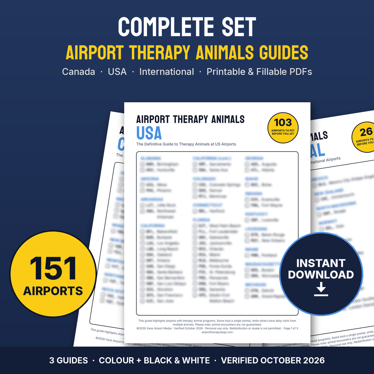 Airport therapy dogs and animals guide, complete set of 151 airports in Canada, USA and worldwide