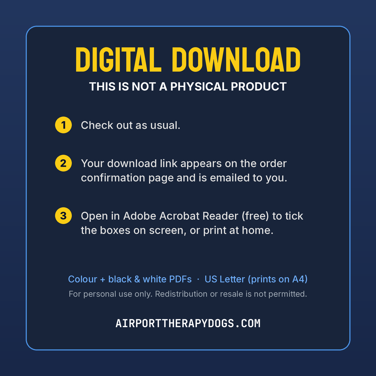How the digital download works: check out, get your download link on screen and by email, then tick the boxes in free Adobe Acrobat Reader or print at home. Colour and black-and-white PDFs.